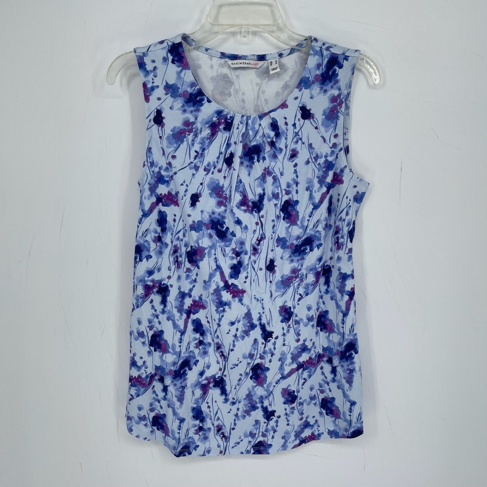 Isaac Mizrahi Live Womens Blue Floral Pleated Stretch Sleeveless Tank Top Size S